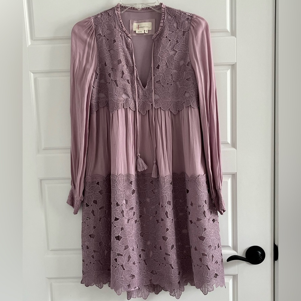 Anthropologie Embroidered Lace Tunic Dress Lilac Bohemian Size XXS Cottagecore - Picture 4 of 16